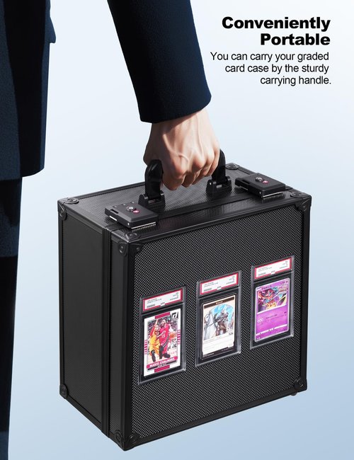 banloga Graded Card Storage Box for PSA with TSA Lock, Aluminum Alloy Trading Card Case with Display Window, Slab Case with 8 Removable Dividers for CGS, BGS, Toploaders and Sports Cards (Black)