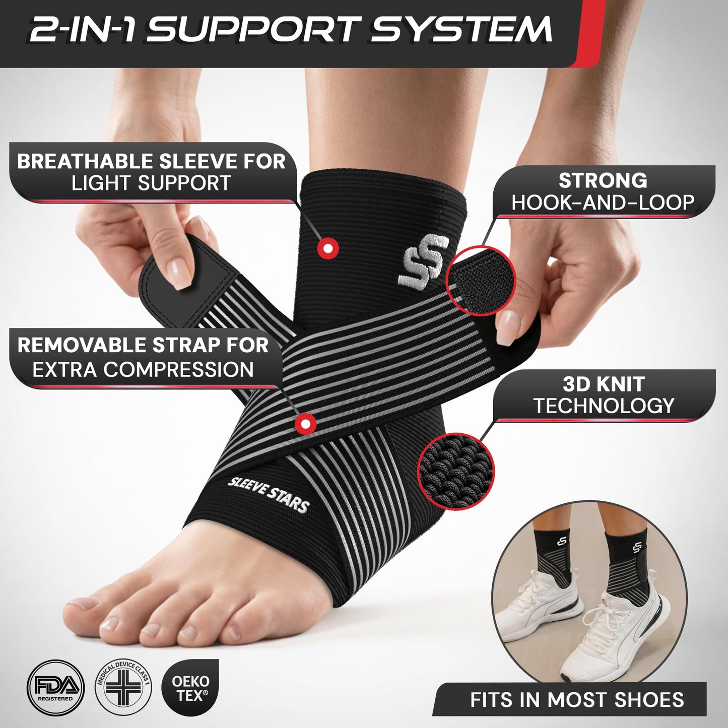 Sleeve Stars Ankle Brace for Women & Men, Ankle Wrap for Sprained Ankle, Compression Sleeve for Plantar Fasciitis Relief, Easy Customizable Support: w/Removable Strap (Pair/L:12"-13"/Black)