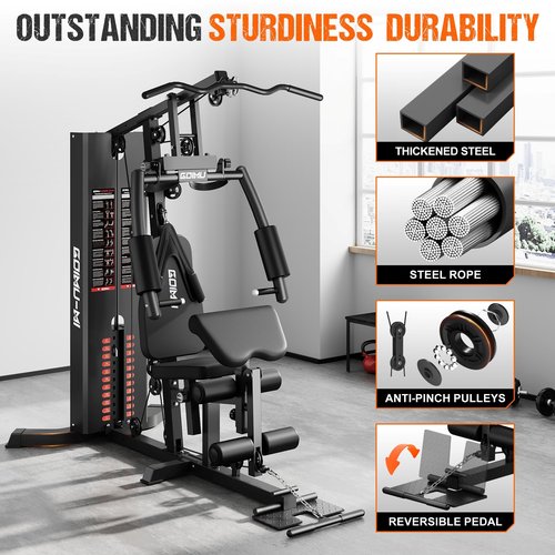 GOIMU Home Gym, M1 Workout Station with 140LBS Weight Stack, Multifunctional Home Gym Equipment with Pulley System & Adjustable Seat for Full Body Strength Training (M1 PRO)