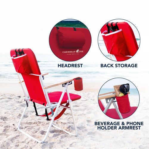 Caribbean Joe Folding Beach Chair, 4 Position Portable Backpack Foldable Camping Chair with Headrest, Cup Holder, and Wooden Armrests, Red, 33.5"D x 3"W x 25"H