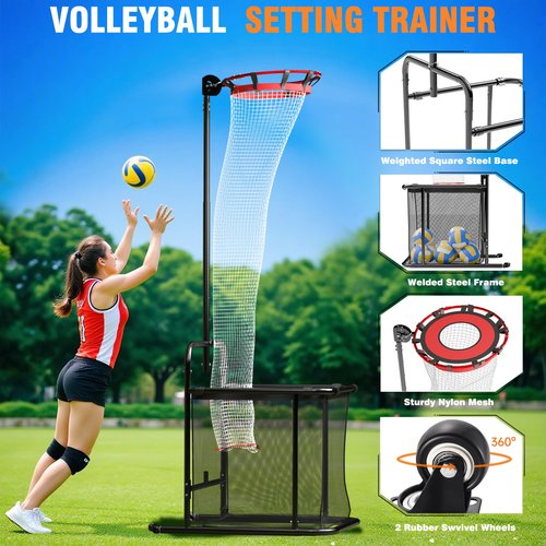 Volleyball Setter Training Equipment, Volleyball Setter Trainer Net with 2 Target Hoop Size,13 Heights & 6 Angles Adjustable, Serving Spiking Drills System with Ball Collection Bag