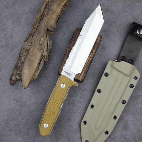 LENGREN Tactical Fixed Blade Knife, 11.8 inch, Full Tang Tanto Blade with G10 Handle and Kydex Sheath (Khaki handle white blade)