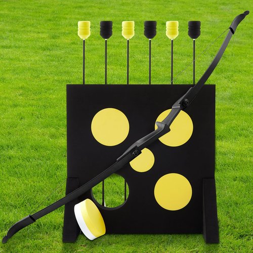 Silipull Bow and Arrow Set 8 Pcs Archery Bow Game Set with 6 Foam Tipped Arrows & 1 Pop Out Target for Safe Archery Combat LARP CS Shooting Outdoor Camping Bows for Adult from Beginner to Advanced