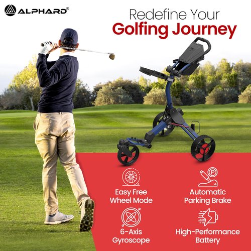 Alphard Electric Golf Cart with Remote - Cybercart Electric Golf Caddy, Motorized Golf Caddy w Accessories - Cup Holder, Umbrella Holder, Anti-tip Wheels, Phone Holder, Magnetic pad - Compact Folding