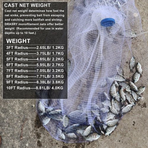Drasry Saltwater American Fishing Cast Net 3/8inch Mesh Size for Bait Shrimp Trap Fish Heavy Duty Sinkers Throw Net 3FT to 12FT Radius 4FT Radius