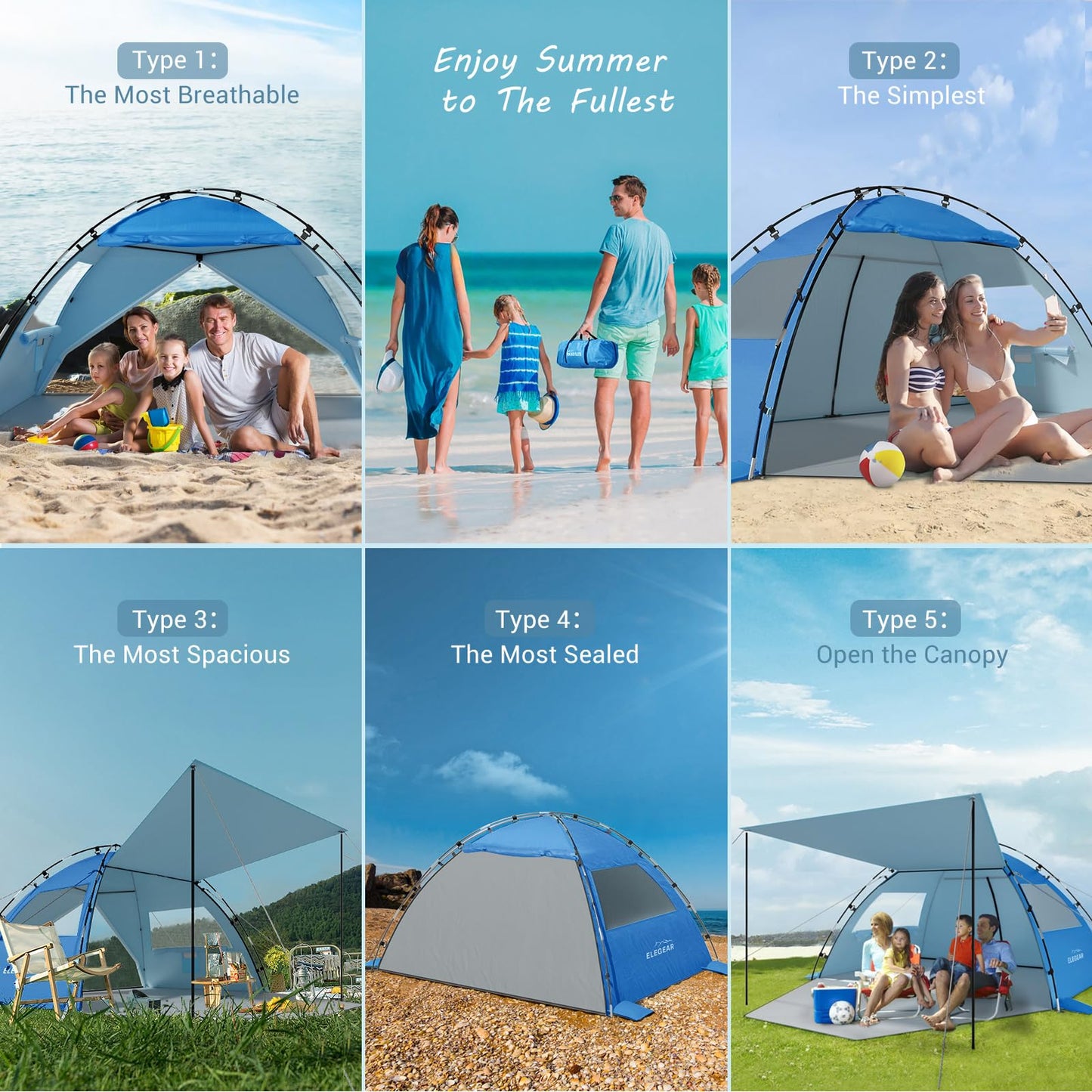 Elegear CumbreX™ Beach Tent Sun Shelter with Canopy, 4-5 Person Pop Up Beach Tent Cabana, Easy Setup UPF 50+ UV Protection Portable Lightweight Double Silver Coating Sun Shade Shelter - Dark Blue