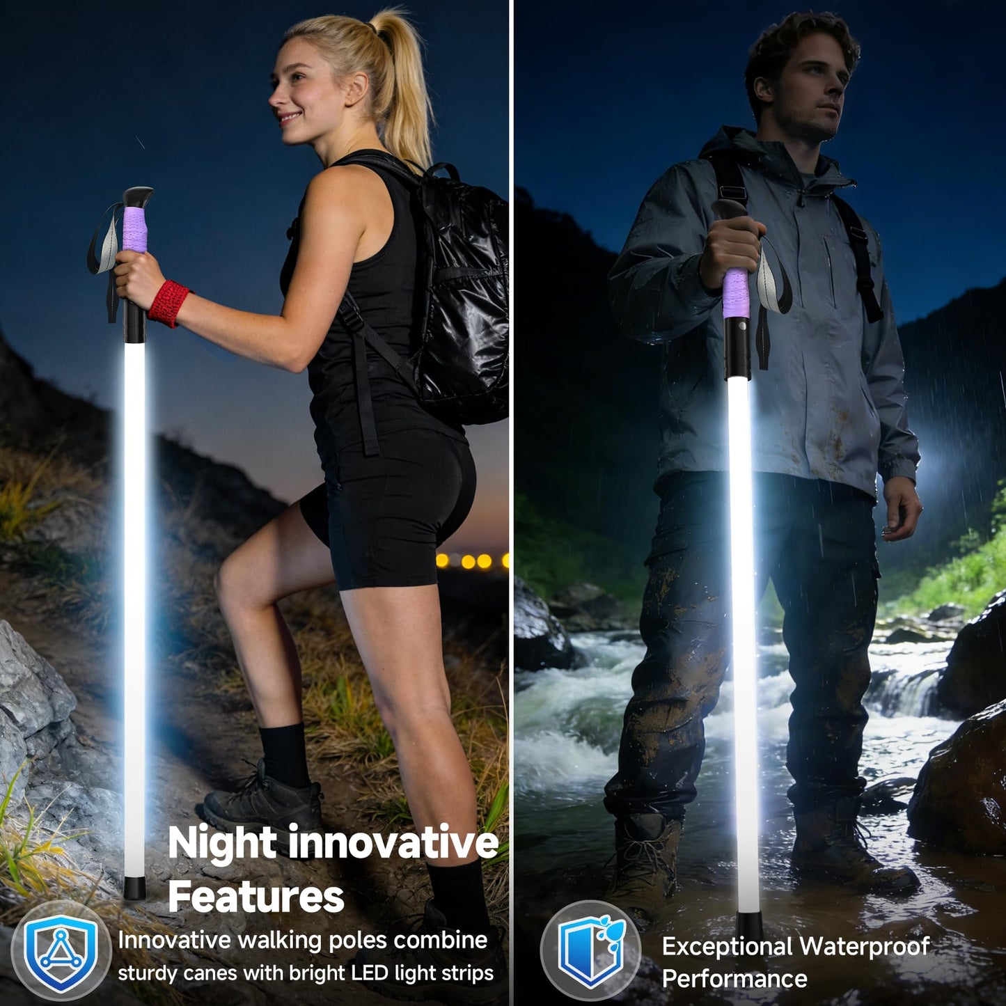 LED Illuminated Hard Hiking Poles, Lighting Tools and Warning Functions, USB Charging, 8-Hour Battery Life, IP55 Waterproof