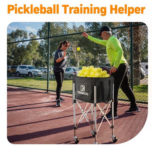 YooKoo Sturdy Tennis Ball Hopper Holds 200 Balls, Lightweight Tennis Ball Basket with 2 Lockable Wheels, Easy to Use Without Installation for Tennis Training and Teaching