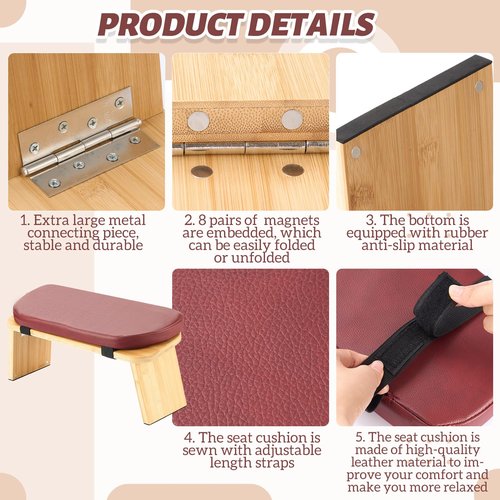 Beeveer Folding Meditation Bench with Leather Cushion Bamboo Stool Comfortable Prayer Seat Seiza Meditation Chair for Yoga, Travel, Pray, Zen Practice Stool