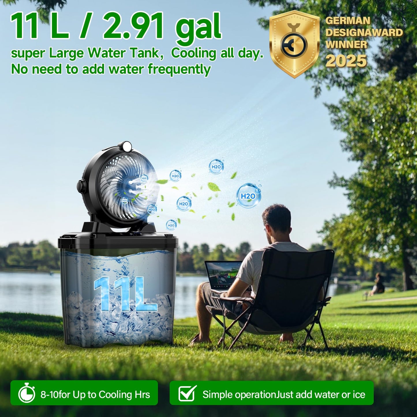 11L Bucket Portable Misting Fan with LED Light, 20000mAh (6.5/12h Working Rechargeable Camping Fan, 3 Strong Winds, 3 Large Spray Outlets,Cooling Mist Fans for Fishing/Travel/Garden Party/Tent
