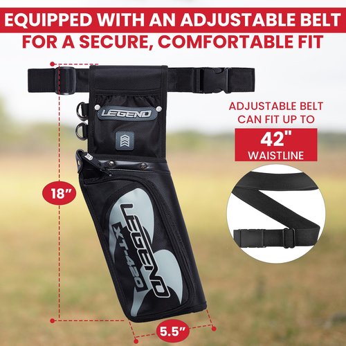 Legend XT420 Arrow Quiver - Quiver Arrow Holder, Archery Quiver with 3 Arrow Tube, Durable Nylon Hip Quivers with Multiple Pockets for Archery Accessories, Score Card & Tools - Right Handed, Black