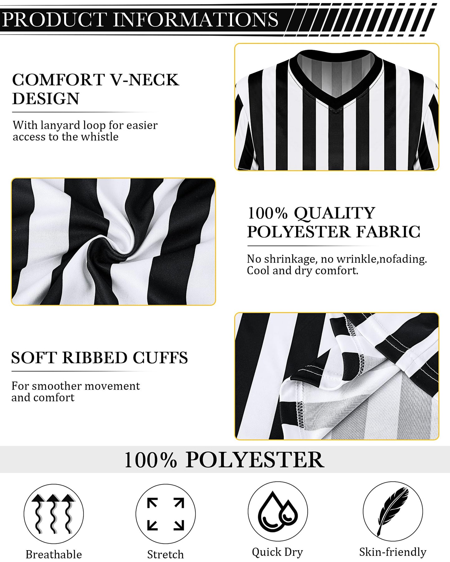 Sintege 4 Sets White and Black Soccer Referee Stripe Shirt with Whistle Official Referee Costume Shirt Football Umpire Jersey Halloween Costume for Adult(Adults Medium)