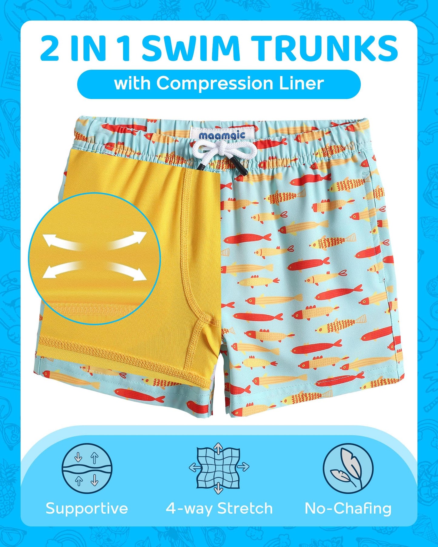 maamgic Boys Swim Trunks with Compression Liner Toddler Boy Swimsuit Quick Dry 4-Way Stretch Swimming Trunks Fishes Lake Green 10-12 Years