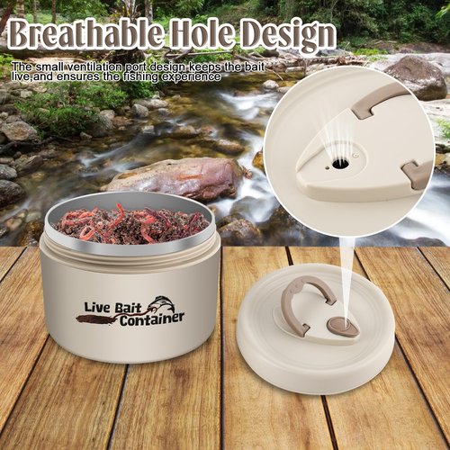TAZKZZY Fishing Bait Container with Handle, Insulation Design and Breathable Hole, Stainless Steel Live Bait Storage Tank, Worm Container for Nightcrawlers, Keeps Live Bait Fresh and Alive, 600ML