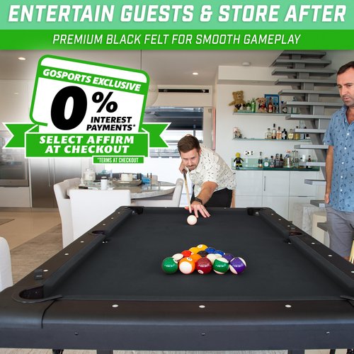 GoSports 7 ft Billiards Table - Portable Pool Table - Includes Full Set of Balls, 2 Cue Sticks, Chalk, and Felt Brush - BLACK