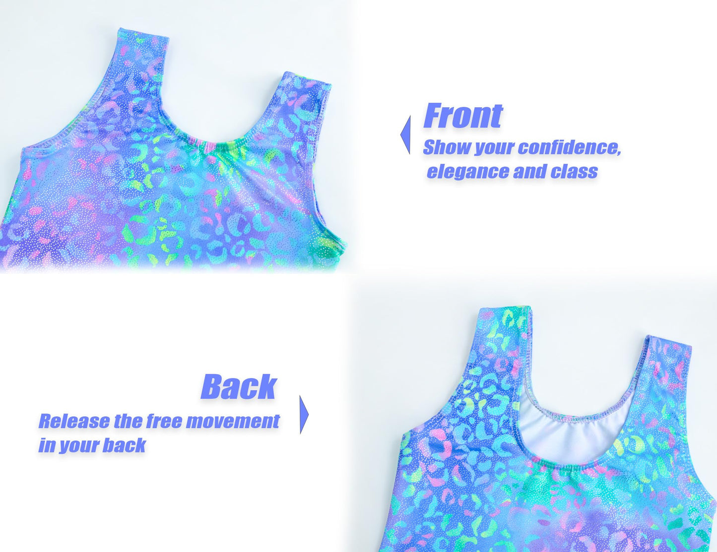 Jinhiteam Girls Leotards for Gymnastics 5-6 Years Old Shiny Blue Leopard Sleeveless Tank Bodysuits with Shorts Kids Gym Leos