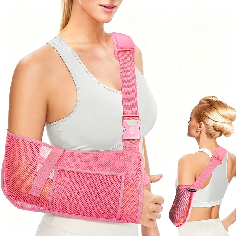 Mesh Arm Sling Shoulder Immobilizer for Rotator Cuff Injury, Reversible Left/Right, Breathable Adjustable Support (Pink, Medium)