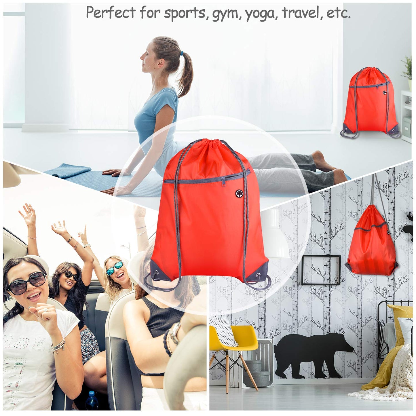 KUUQA 12Pcs Drawstring Backpack Bags Bulk with Zipper Pocket Christmas Gift Bag（Red）