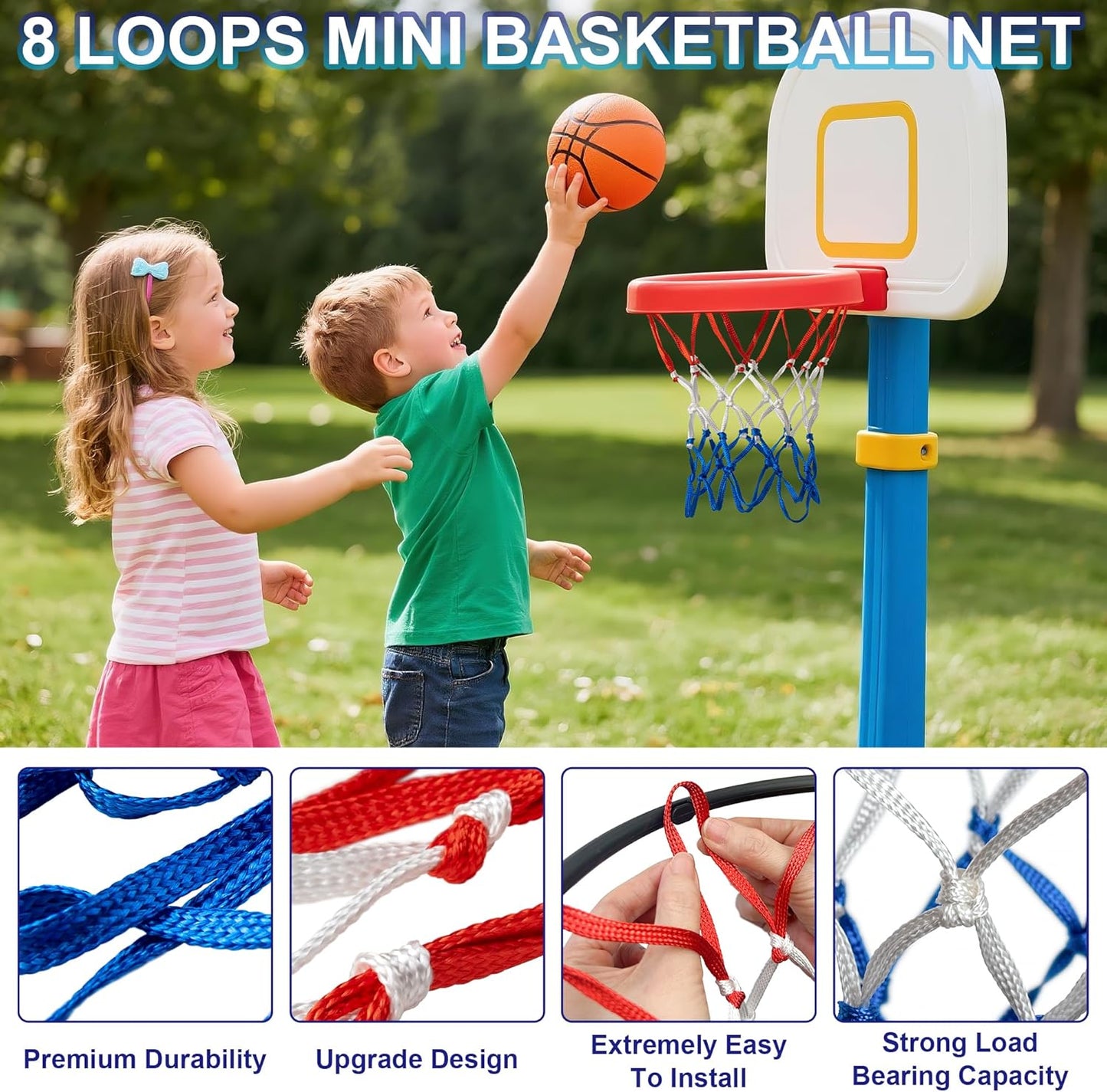 2 Pack Mini Basketball Net Replacement,8 Loops Indoor Outdoor Nets,Suitable for Doors and Walls