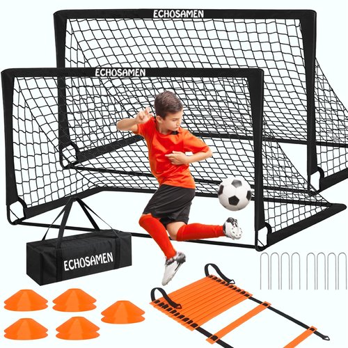 ECHOSAMEN Kids Soccer Goals for Backyard, 2 of 6 x 4 ft Kids Soccer Goal Set Soccer Net with 10 Soccer Cones, Agility Ladder & Carry Bag, Portable Soccer Training Equipment.