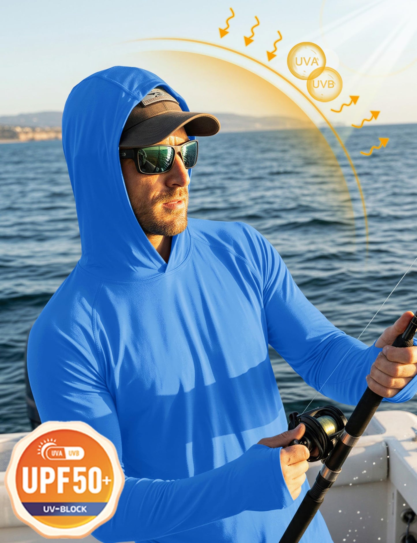 Fishing Shirts for Men Long Sleeve Sun Protection with Hood Athletic Shirts Running Shirts Workout Shirts Sun Shirts Azure