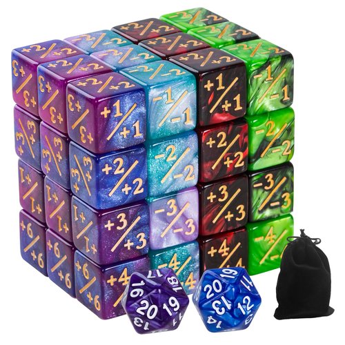 50 MTG Counters Dice Marble Bulk Spindown Life Counter Tokens Dice Buff Tokens Compatible with Magic Card Game Accessories CCG Creature Stats (Red&Green, Purple&Blue)