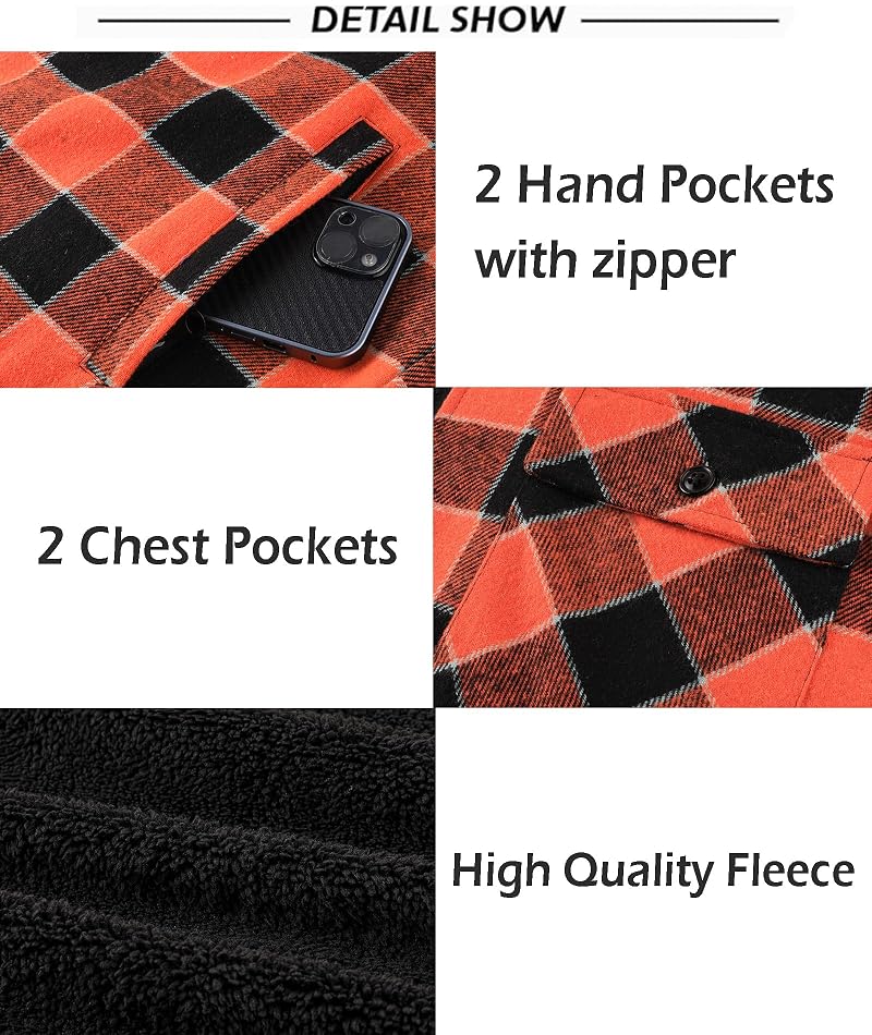 Mens Flannel Hooded Jacket Sherpa Lined Zip Up Plaid - Orange Black XX-Large