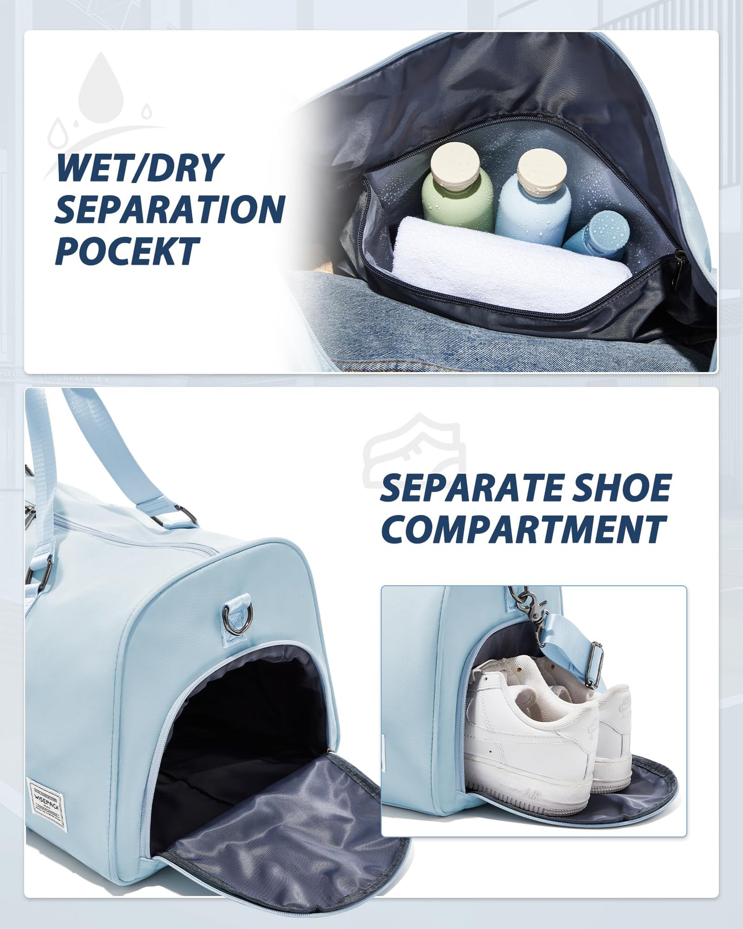 Gym Bag for Women Men with Shoe Compartment,Small Travel Duffle Bags for Traveling Overnight Weekender Bag Personal Item Travel Bag Large Sport Gym Bag Workout Bag Hospital Holdalls Sky Blue