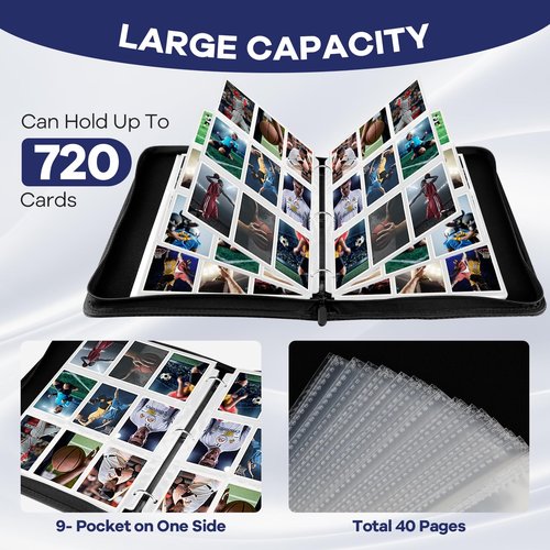 Trading Card Binder with Sleeves, 9 Pocket Trading Card Binder Premium 720 Double Sided Pocket PU Card Collection Binder, Collectible Card Albums Card Folder for MTG, TCG, Sports Cards, Game Cards