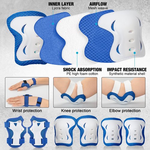 Honoson 7 Pcs Skateboard for Toddlers Beginners Knee Elbow Pads Wrist Guards Gear Set (Shark, Age 2-5 Kids 17 x 5'')