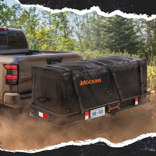 Mockins 60"x20"x6" Heavy Duty Trailer Hitch Cargo Carrier w/License Plate Holder & 16 Cu.Ft. Waterproof Cargo Bag for Hitch Carrier | All-Weather 500 Lbs. Cap Folding Luggage Rack for SUV Car & Truck