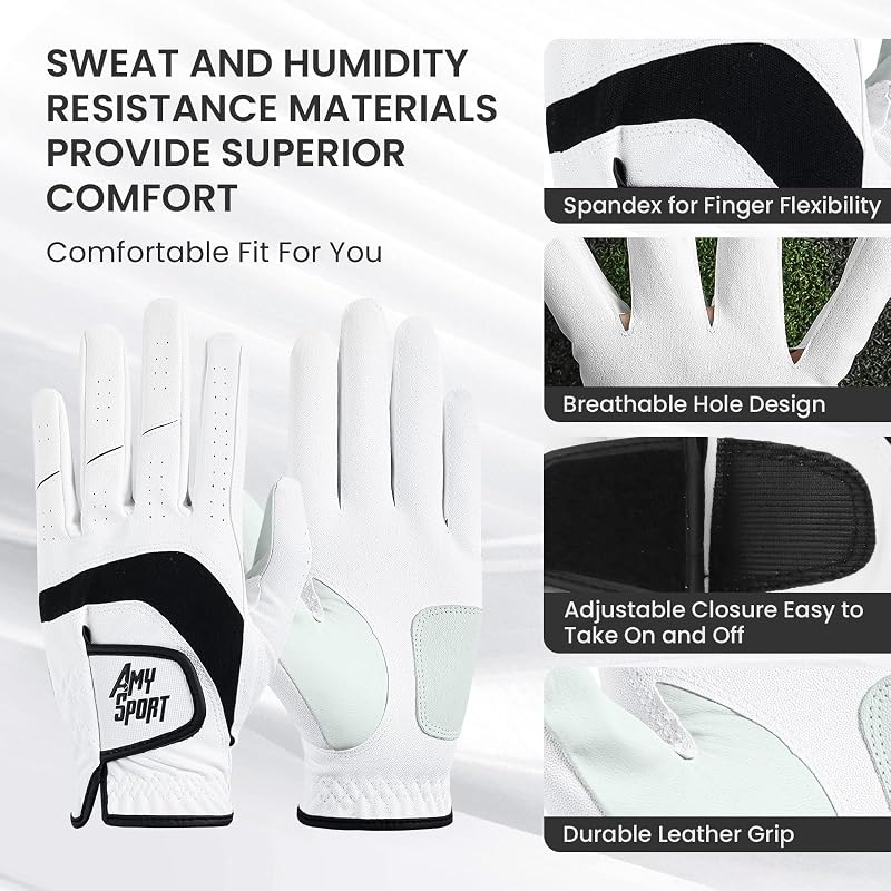 Amy Sport Golf Gloves for Men 3 Pack - Left or Right Hand, White (Variation of THIS listing: White-3 Pack+Left+Large)