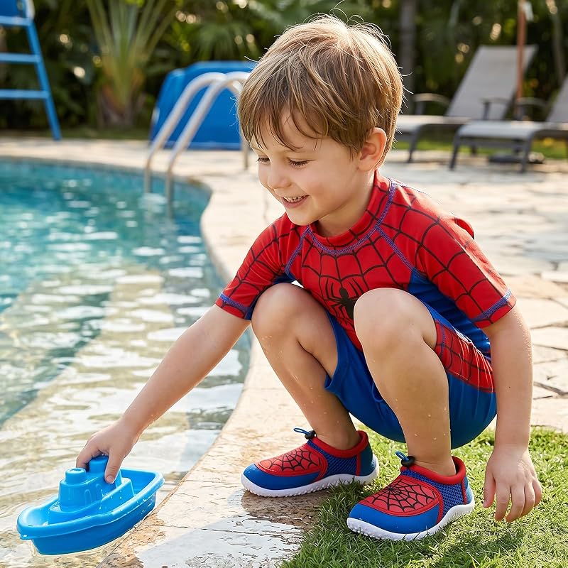 WateLves Kids Water Shoes - Quick-Dry Beach Aqua Socks for Boys & Girls, Red+Blue Toddler Size