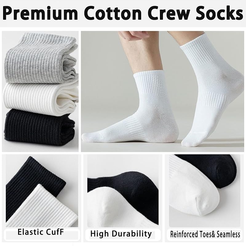 30 Pairs Crew Socks - Unisex Cotton Athletic Socks 4-8 (Black White Gray) - 12/30 Pairs