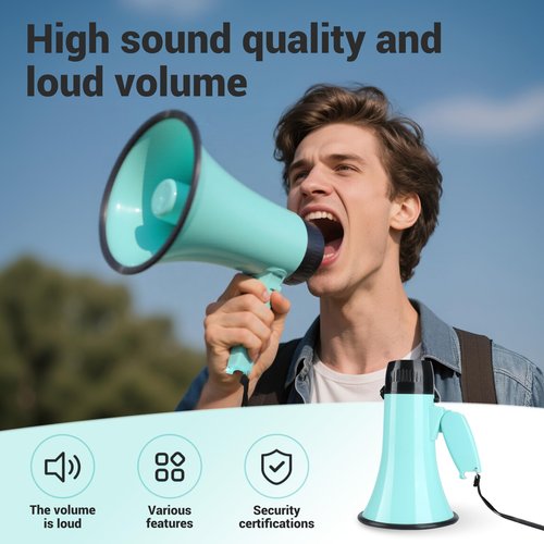 Flydot Megaphone with Speaker Microphone Siren and 240-Second Recording Bulhorn Includes Volume Control for Outdoor Events and Crowd Management Teal