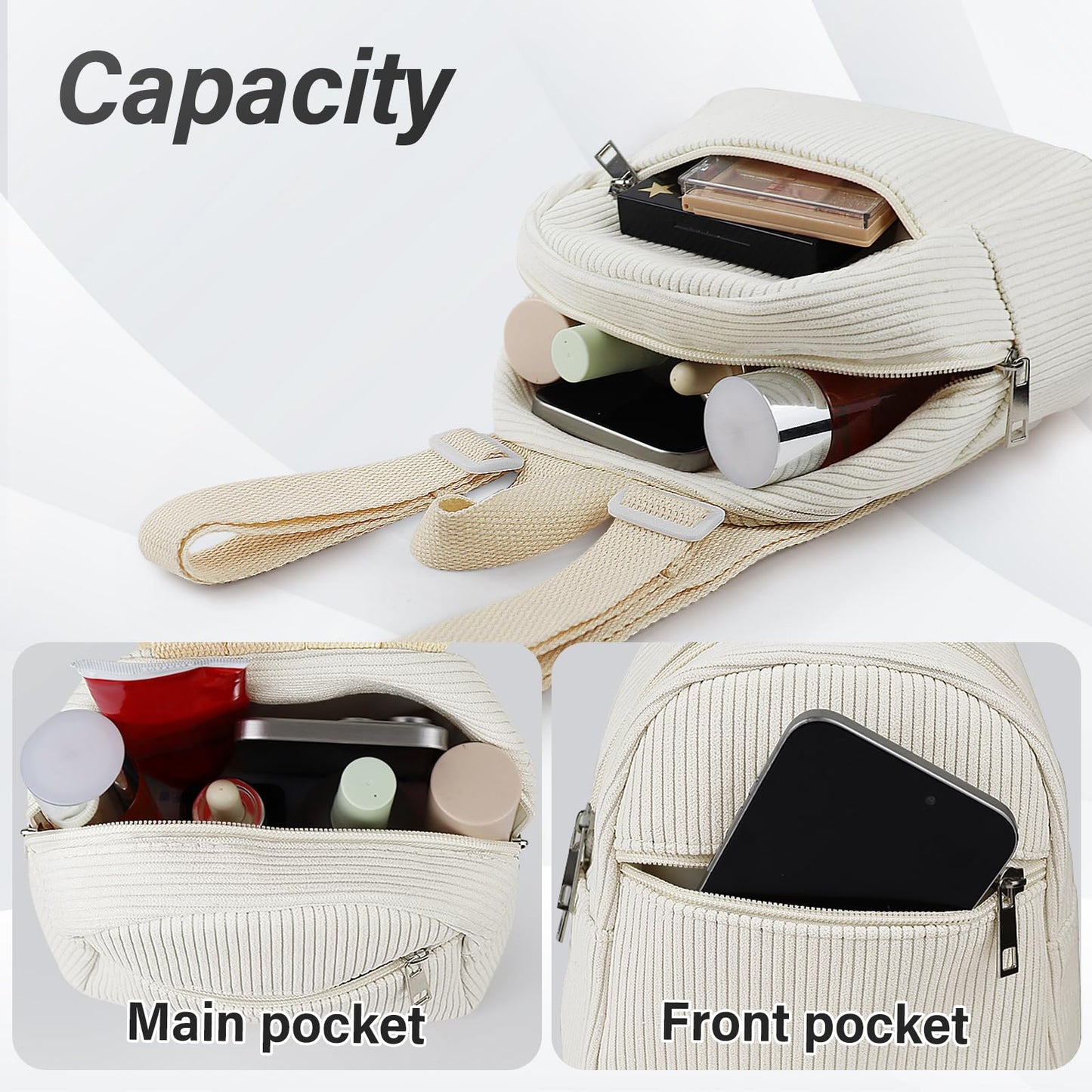 Energather Cute Mini Backpacks, Corduroy Tiny Backpack Small Backpack for Women and Girls, Portable Ladies Backpacks (white)