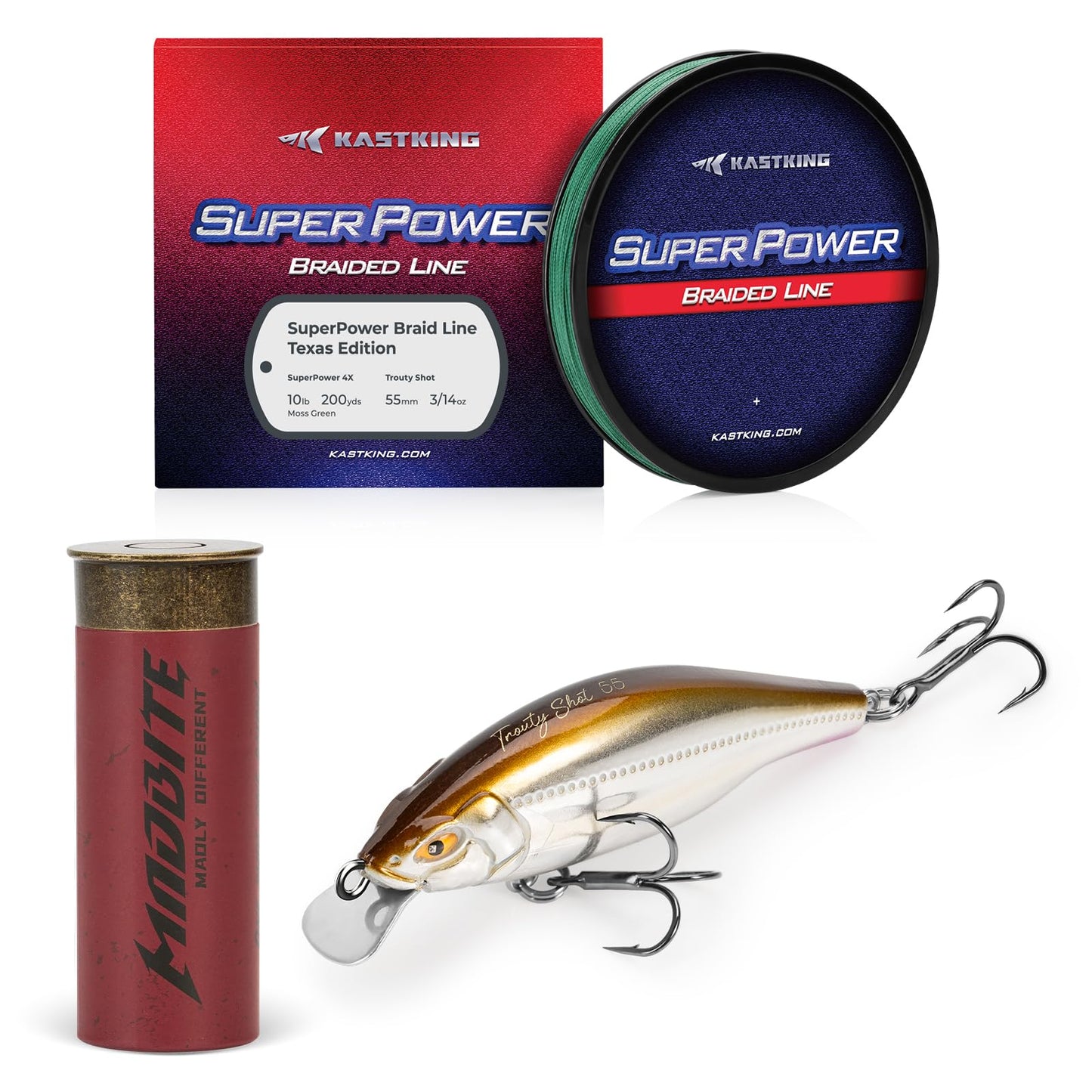 KastKing Superpower Braided Fishing Line Texas Edition - 20lb 4X 200yds with 3.7" Suspending Jerkbait, Minnow Fishing Lure with Ball Bearing Weight Transfer, Ideal for Bass, Walleye & Musky Fishing
