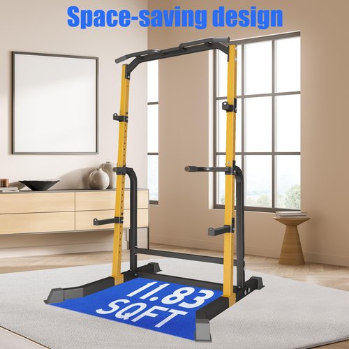 BestHFit Power Cage Squat Rack – Heavy Duty 1000LB Capacity Home Gym System with Adjustable Pull-Up Bar, Safety Spotter Arms & J-Hooks for Weight Lifting, Bench Press, Crossfit – Yellow