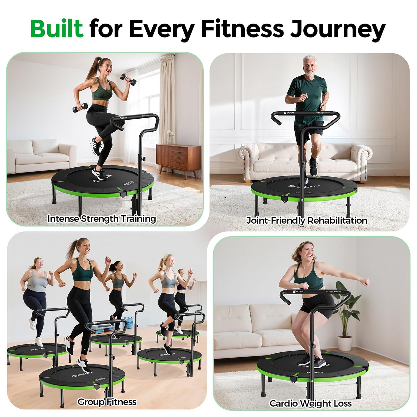 BCAN 40"/38" Foldable Mini Trampoline, Rebounder Trampoline for Adults, U/T Adjustable Foam Handle, Exercise Rebounder for Adults Indoor/Garden Workout, Max Load 330lbs/440lbs-40IN-T-Handle-Green