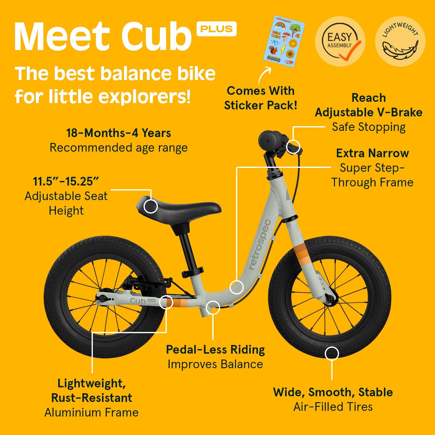 Retrospec Cub Plus Toddler Balance Bike for Boys & Girls Ages 18 Months - 4 Years with Adjustable Seat, Handlebars & V-Brake, Lightweight Frame, Air-Filled Tires