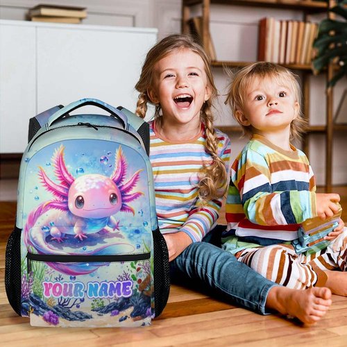 MEETUHONEY Personalized School Backpack for Kids - 17 Inch Axolotl Kids School Bag for Elementary - Portable Lightweight Animals Backpacks for Preschool