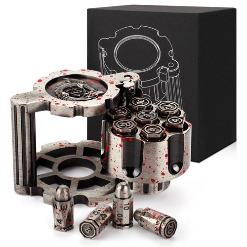 HTSHO Bullet Dice Set Revolver, 7 in 1 Unique Metal DND Spinning Dice, Polyhedral Dice Set for Dungeons and Dragons (Silver)