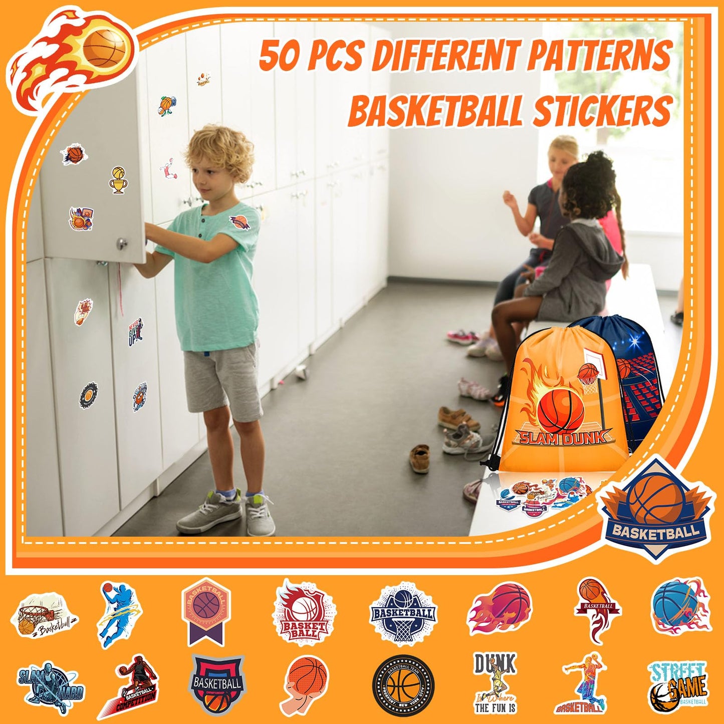 Grneric 110 Pcs Basketball Party Favors Drawstring Backpack with Keychains Silicone Bracelets Stickers for Sports Birthday Supplies Goodie Bags Basketball Themed Gifts