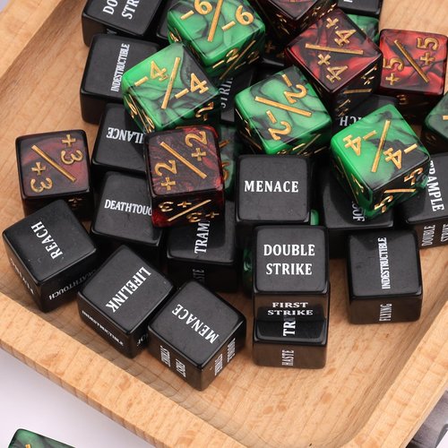 48pcs Abilities Keywords Counter Dice with Velvet Pouch, Acrylic Loyalty Dice Tokens Magic Life Counters Set Creature Stats Buff for MTG TCG Gathering Party Card Gaming Accessories