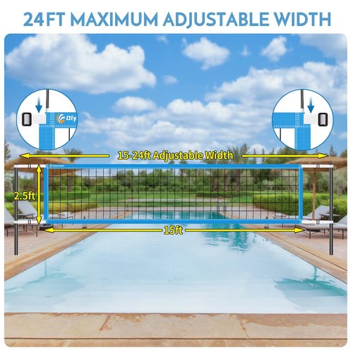 Base Free Swimming Pool Volleyball Net Set for Above Ground/Inground Pools with 3-Height Adjustable Aluminium Poles, Durable Anti-Sagging Net, 2 Water Volleyballs and Carry Bag (Blue)