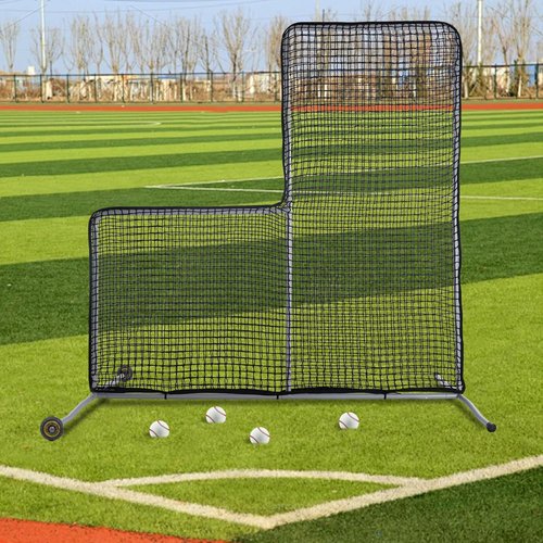 Gulfmore Portable 7x7 ft Baseball L Screen Pitching Protector Net,Pitcher Safety Protective Nets,Softball L-Screen Net with Wheels Easy to Move.