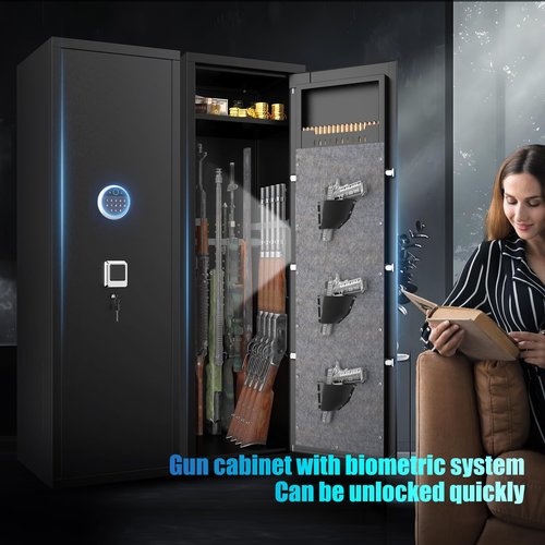 Large Biometric Gun Safe for Rifle & Pistol - Quick Access Tall Gun CabinetHolds 10 Rifles & 3 Pistols with LED Light & Ammo Storage, Fingerprint Lock, Home & Commercial Use (55"H, Black)