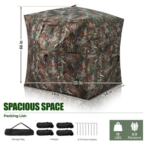 HUNTSEN Hunting Blind 360 Degree See Through Ground Blind 2-3 Person - Portable Pop Up Deer Blind with Full Open Door - Camouflage Ground Blind for Deer & Turkey Hunting