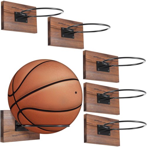 Threan 6 Pcs Ball Holder Wall Mount Ball Stand Display Storage with Wooden Base for Basketball Football Soccer Volleyball, Sports Accessories Organizer for Player Fans