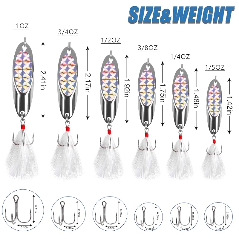 5 Pcs Fishing Spoon Lures Kit - 3/4 oz Reflective Treble Hook Spoons for Saltwater & Freshwater